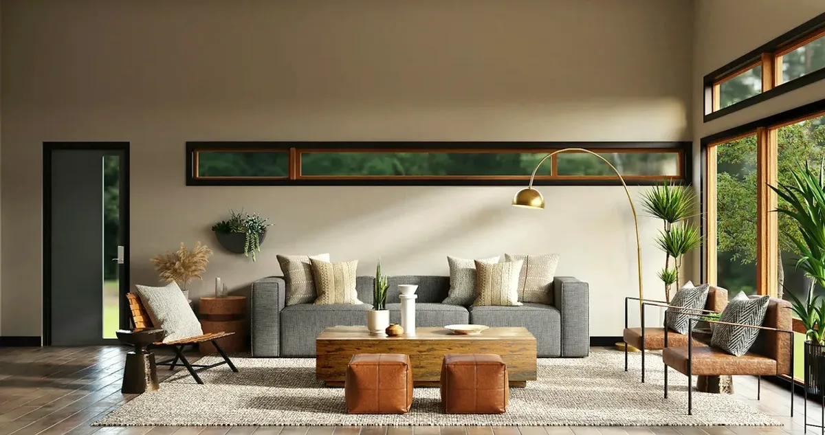 Bright living room with a grey sofa and large windows